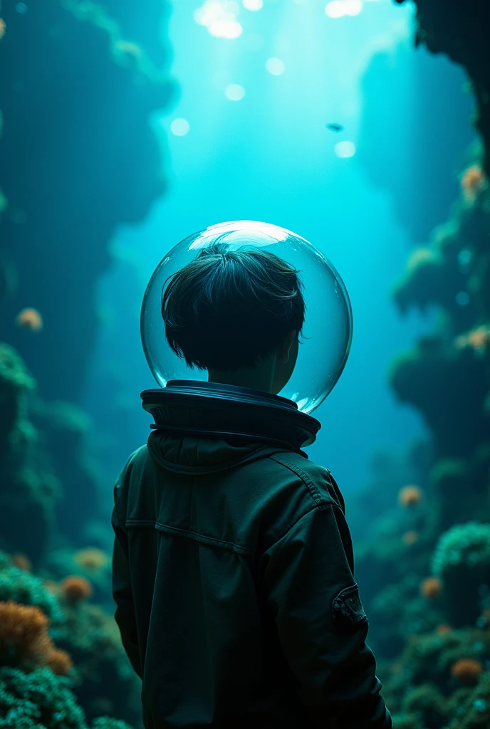 photography aztec, , on top of the castle, (underwater:1.2) , sea plants, fish, bioluminescence, futuristic, science fiction, bokeh, lighting (volumetric, cinematic, dim blue), caustic, depth of field, bubble helmet, space helmet, short hair,