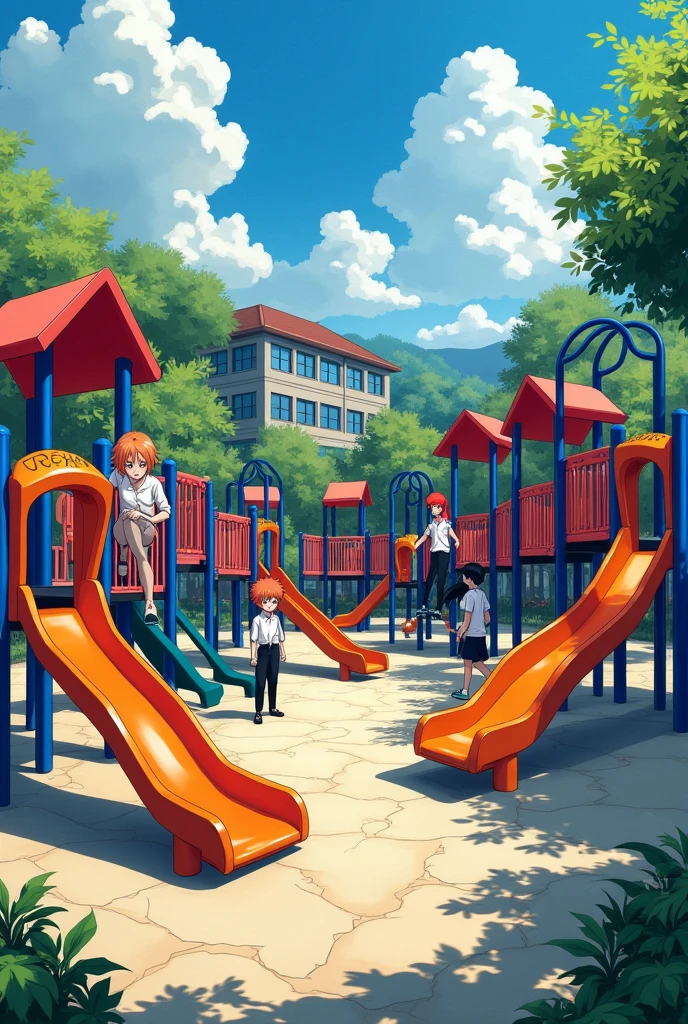 A school playground completely made out of polygon and with an anime theme (bleach) and make it like a manga like a drawing not a complete ai made