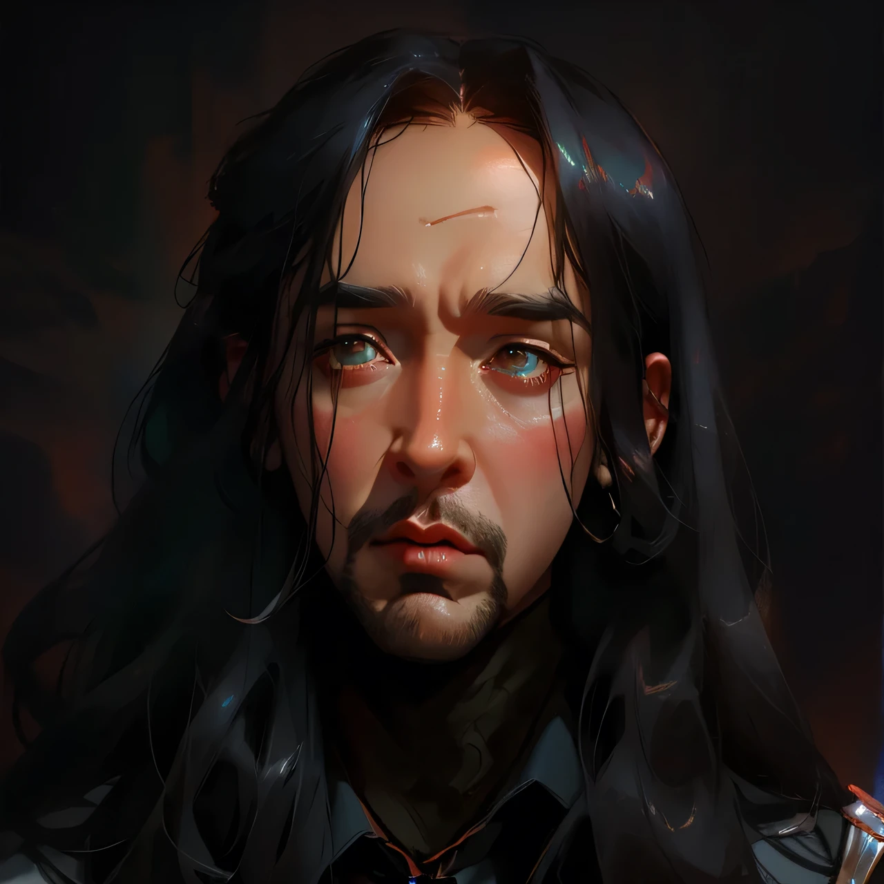 a close up of a man with long hair and a beard, with his long black hair, nicolas cage as an android, with long hair, ramil sunga, taken in the early 2020s, nicolas cage, with long hair and piercing eyes, with long dark hair, scariest looking man alive, nicolas cage as dracula, nicholas cageHD, (Best Detail), (Best Quality), colorful,