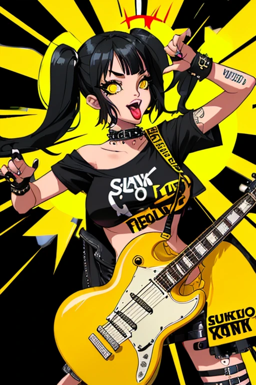 woman,sun,whole body,Large Breasts,High angle,Punk Style,guitar,Sticking out tongue,Goo Sign,Note,melody,Rhythmically,Black Hair,Twin tails,Yellow clothes