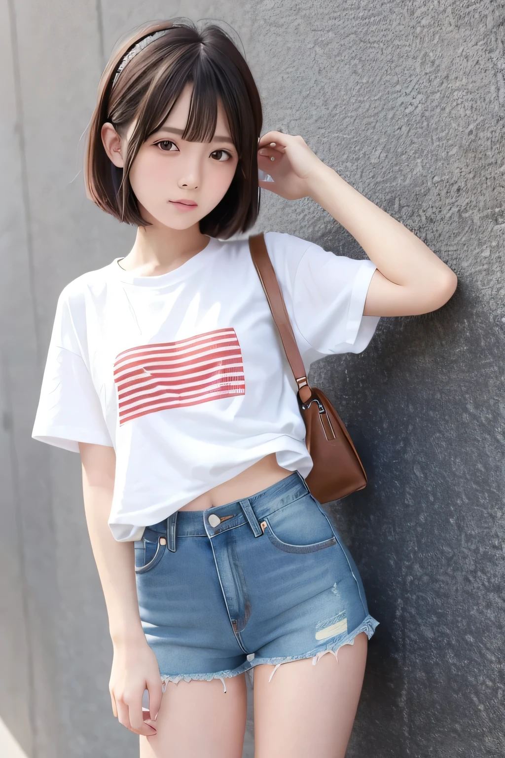 Extremely short, tight, and skinny denim shorts、A beautiful girl wearing boys&#39; clothes at a Japanese elementary school in the 1970s.,she is cute and beautiful like an idol.,She is pure and innocent.,She is wearing a T-shirt,High socks and sneakers.Japanese,Black short bob,