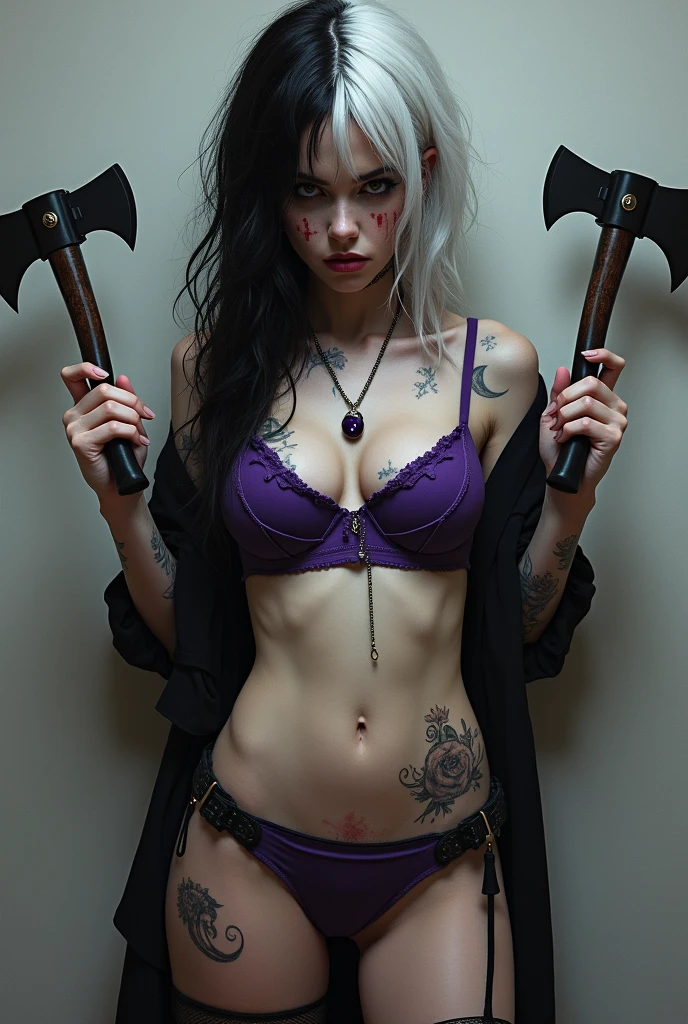 Gothic girl, full of scars, smoking, black and white hair, in a torn purple bra and purple panties, holding two axes
