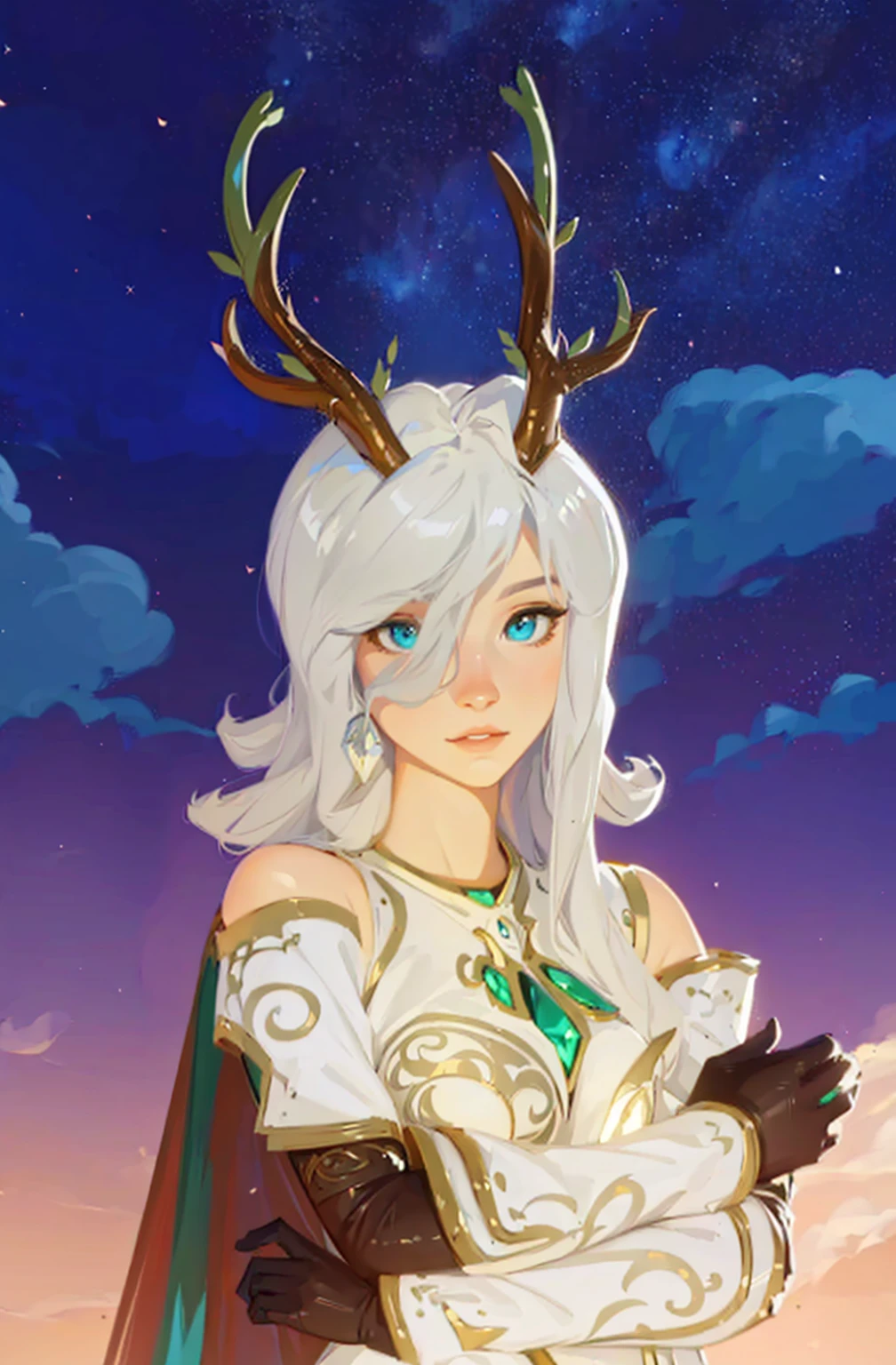 ((Best Quality, 8K, Masterpiece: 1.3)), best quality, ultra high res, texture, hyper realistic, masterpiece, detailed texture, detailed face, detailed skin, detailed lighting, (photorealistic:1.5), best quality, beautiful lighting, cinematic lighting, professional lighting, ultra highres, realistic, a woman with white hair and horns standing in front of a sky, the goddess artemis smirking, portrait knights of zodiac girl, girl design lush horns, anthropomorphic deer female, anthropomorphic female deer, goddess of the hunt and the moon, inspired in kris from deltarrune, fey queen of the summer forest, avatar image, goddess of the hunt
