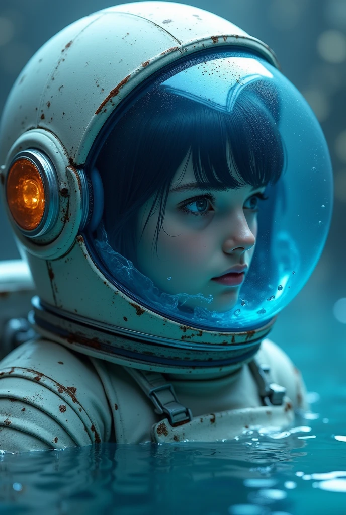 astronaut)bubble helmet, space helmet , , indoors,room, masterpiece, best quality, 1girl, solo, short hair, , ,(heart sayings:1.2), , trembling, HARD TO BREATH,, fog,water on the face, drowning, water torture, water in the helmet, blue visor helmet h(Face covered in blue water:1.3),