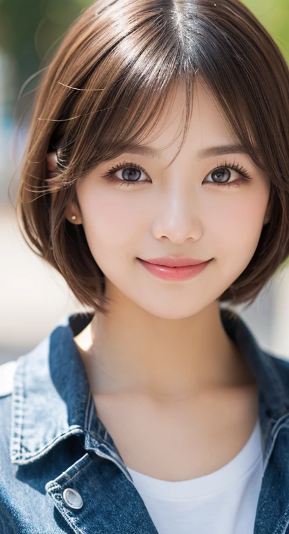 Happy smile seeing this、In the city、(Highest quality,8K quality,masterpiece:1.3,),(Ultra-high resolution:1.3,Photorealistic:1.4,RAW Photos:1.2),(Ultra-detailed:1.2,Glowing Skin,Detailed skin:1.1),(Detailed face,Perfect Anatomy,Caustics:1.2),,1 girl,cute,Japanese,1,Japanese Ido,natural light brown hair,Curl short hair outward,cute目,Natural Makeup,bright casual clothes,Laughter,Looking into the camera,On the face,Face Focus,Professional Lighting,Natural soft light,Blurred Background