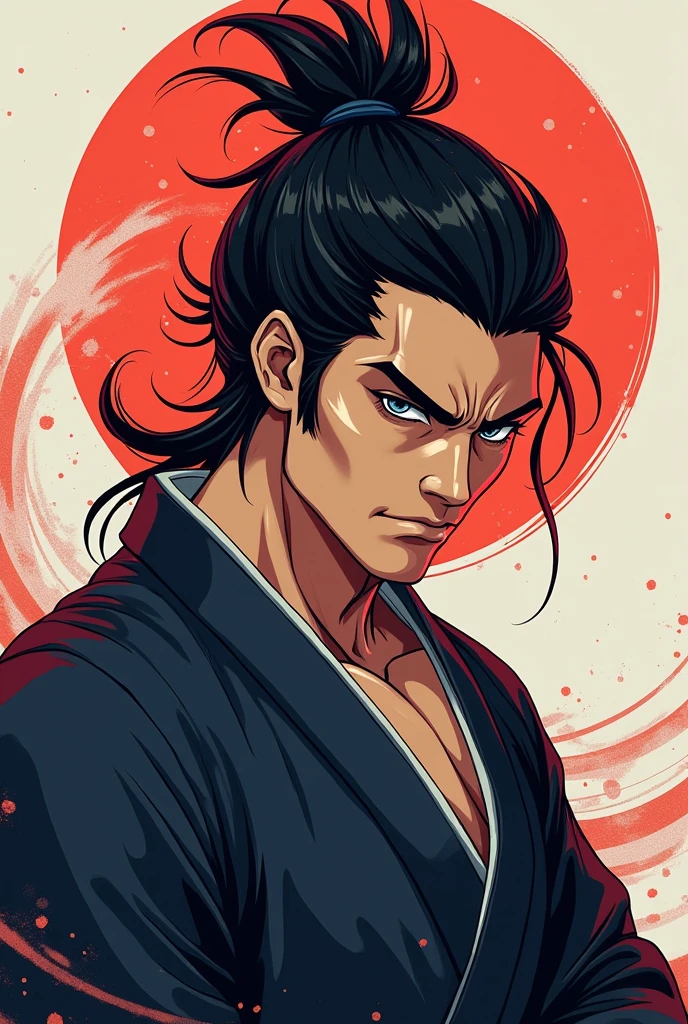 Please create an anime-style handsome samurai wearing a hakama. Only from the chest up, please.