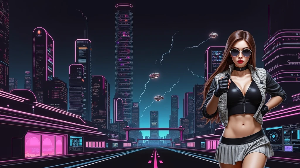 Futuristic cityscapes with colorful all-glass outlined towering skyscrapers with lightning, flying vehicle. High-resolution OLED GUI interfaces in the building, The windows are filled with transparent data visualization infographics that show it all, Egyptian fantasy arts, Egyptian statue, (Egyptian hieroglyphics). Colors are saturated and vibrant. At night, (1girl, solo, alone), photorealistic, large-breast slim:0.6 body, oval:0.5 face, cleavage:1.1, very low angle view of pleated miniskirt, deep-v, (upskirt), glove, (Matrix style black micro sunglasses), (aiming viewer with a short gun), dynamic running pose, (half-body thigh level close-up shot), cinematic lighting, ray tracing, motion blur background.