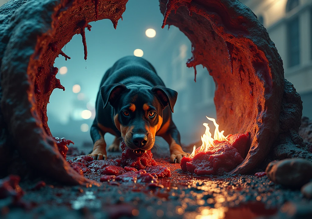 a dramatic scene, (((hyperrealisti))), view from inside the carcass of a dead animal, focusing on one (((Rottweiler))), (((RABID))), (((Rottweiler RABID de rua se alimentando))). The image is framed by the skin of the carcass, stained with blood, as the Rottweiler tears the flesh with its sharp teeth. The landscape in the background is of a big city at night., creating a contrast between the urban environment and the wild act. A tensão do momento é capturada nos detalhes hyperrealistis do Rottweiler e na iluminação da rua, adding an intense and dark mood to the scene.