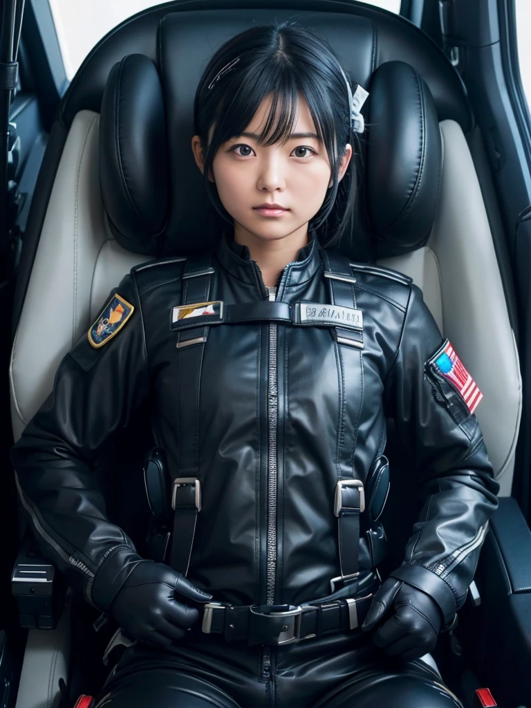 Japanese female air force pilots,Black Hair,Fighter cockpit,Fully secured in the seat by a harness,Close-fitting pilot suits,Plump,Slightly thicker,Squat