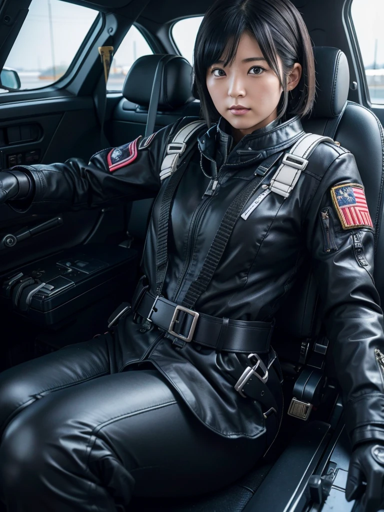 Japanese female air force pilots,Black Hair,Fighter cockpit,Fully secured in the seat by a harness,Close-fitting pilot suits,Plump,Slightly thicker,Squat