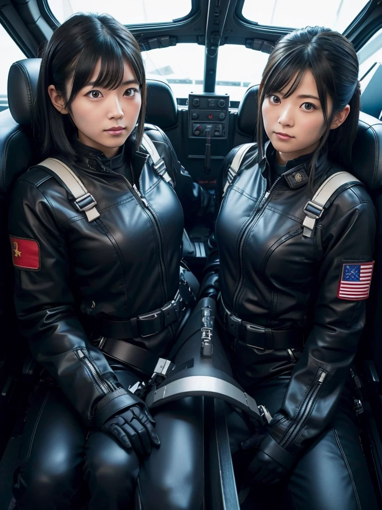 Japanese female air force pilots,Black Hair,Fighter cockpit,Fully secured in the seat by a harness,Close-fitting pilot suits,Plump,Slightly thicker,Squat