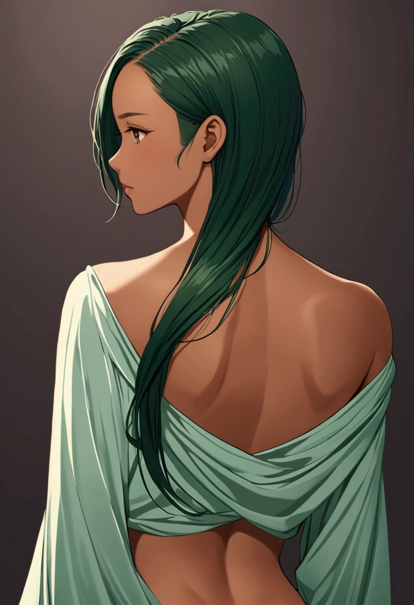 Tan skin Girl Back view
dark green long hair with sideshave undercut