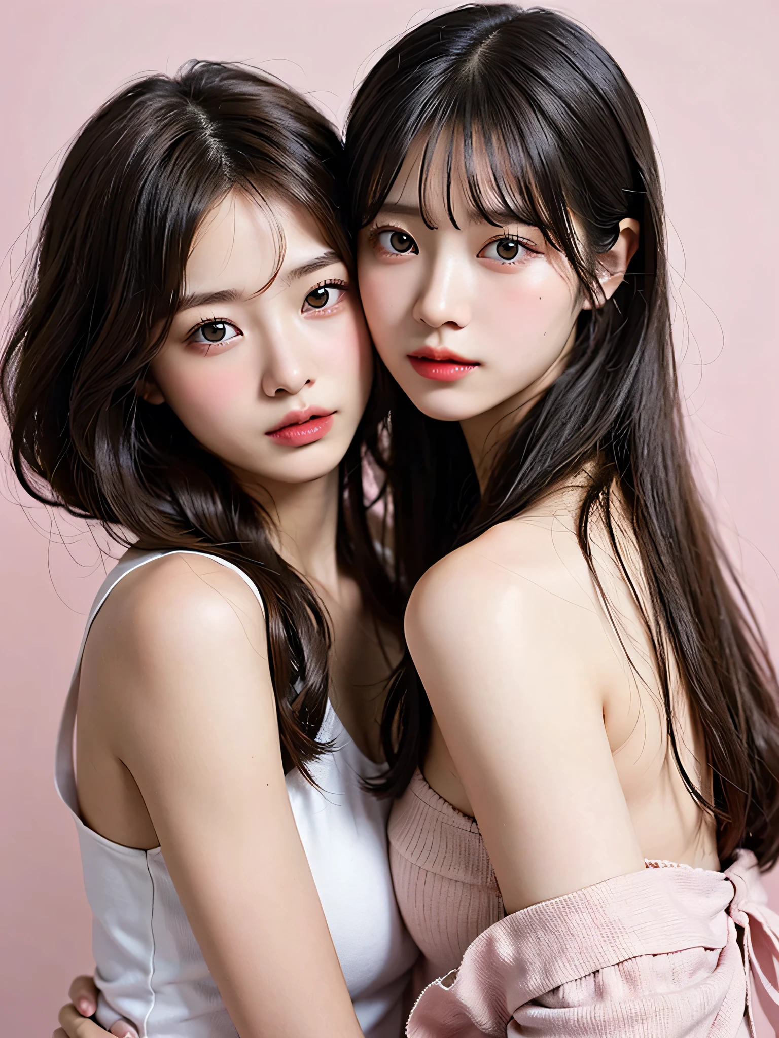 Best Quality、wonderful、Intricate details、Fine details、Depth of written boundary、Highest quality、Very detailed、High resolution、超High resolution、Detailed Shadows、Surreal、Realistically、Dramatic Lighting、（2 persons）、(2girl)、Good female friends、Fine details、Detailed Faces、Detailed eyes、Realistic Skin、Bust-up angle、Off-the-shoulder dress、Zoom out、Soft curl hairstyle、Korean Idol、Realistic eyes、Beautiful eyelashes、High resolutionの顔、Pink Background、20-year-old、C cup breasts、Natural color lip