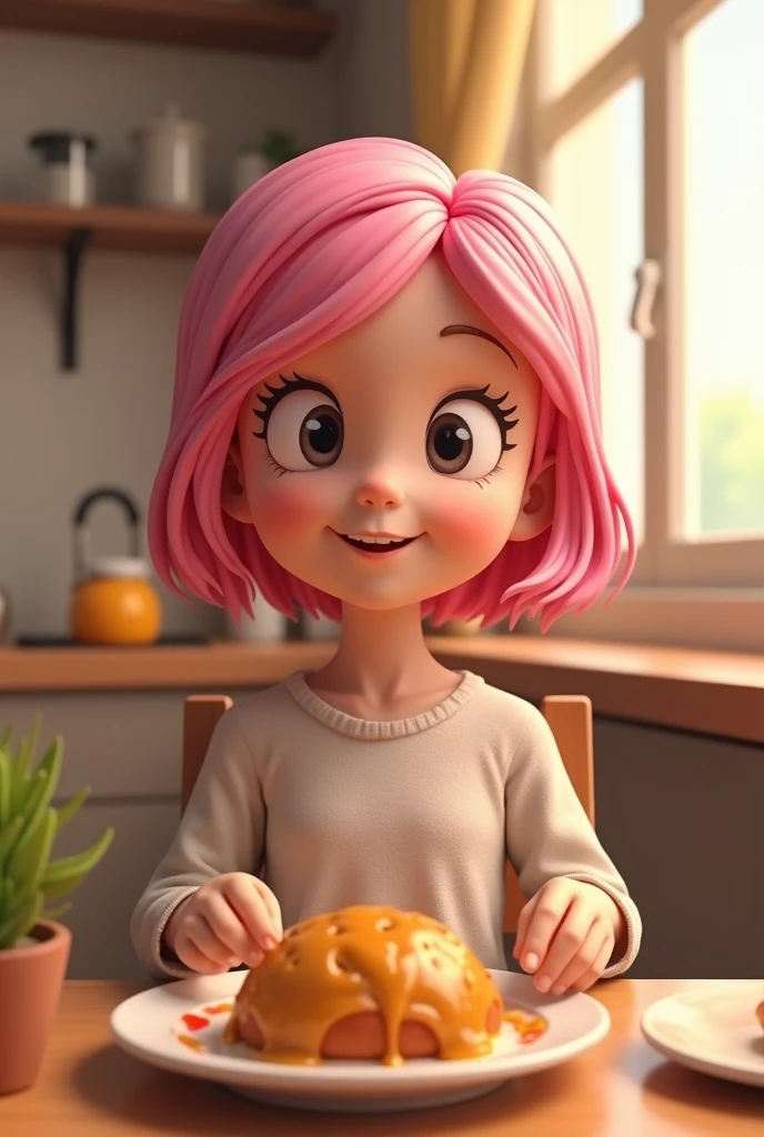 The same pink-haired girl cartoon shows a 3D sitting pose eating food.