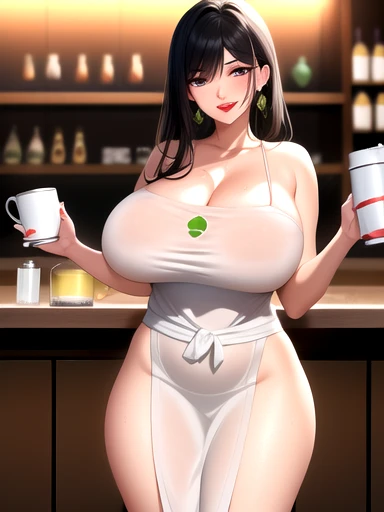 good aninomy, masterpiece, Best Quality, 4k, 8k, Professional photography, luz tinue, infoque nítido,1 girl,
Meme_with hielo_linte_with_mama_milk,Starbucks, 
coffee shop, blurred background, light particles,  apron, barista, Mamas, clavicle, cup, green_apron, tinincia de café,
 with hielo_linte_with_mama_milk_(Meme), looking_in_viewer, Meme, naked_apron, BOOB LATERAL, Alone, curves, narrow waist, cheered up,Mamas,huge Mamas,large Mamas,hits,blue eyes,side locks,lipstick,withstituir,black fur,pelo intre los ojos,Red lips,Eyebrows visible through hair.,
