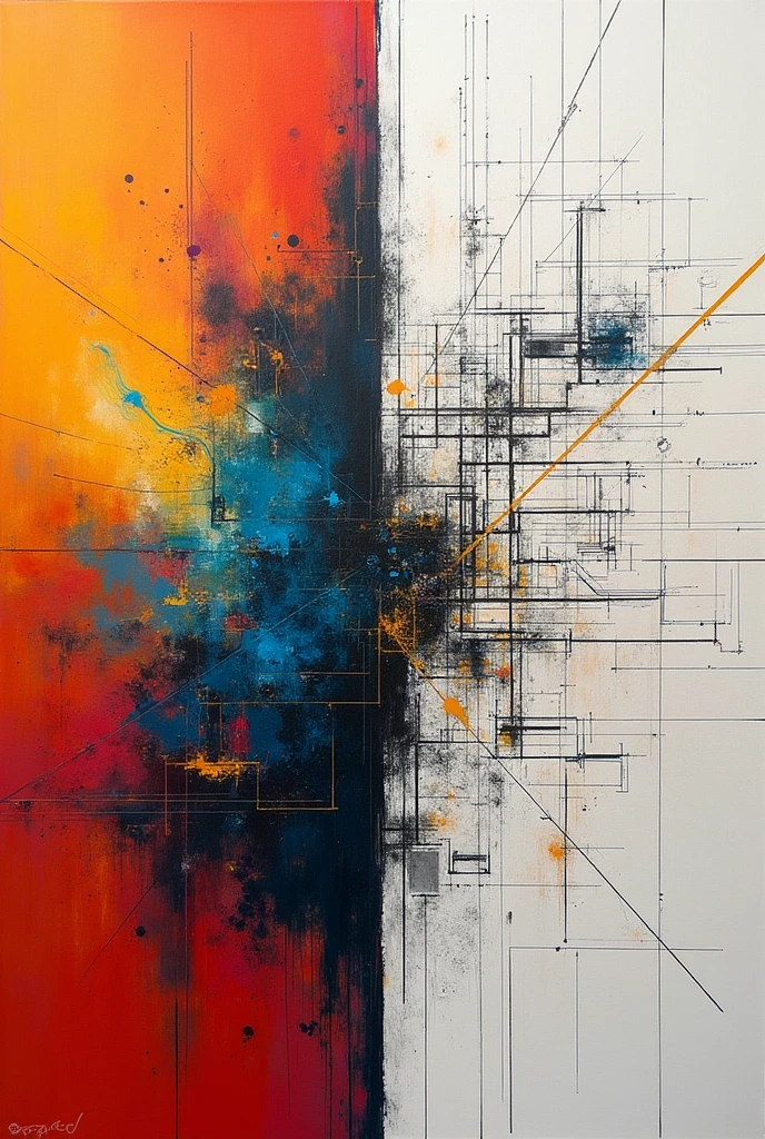 Two  form of a painting. One with splashed paints 
The other with measurements