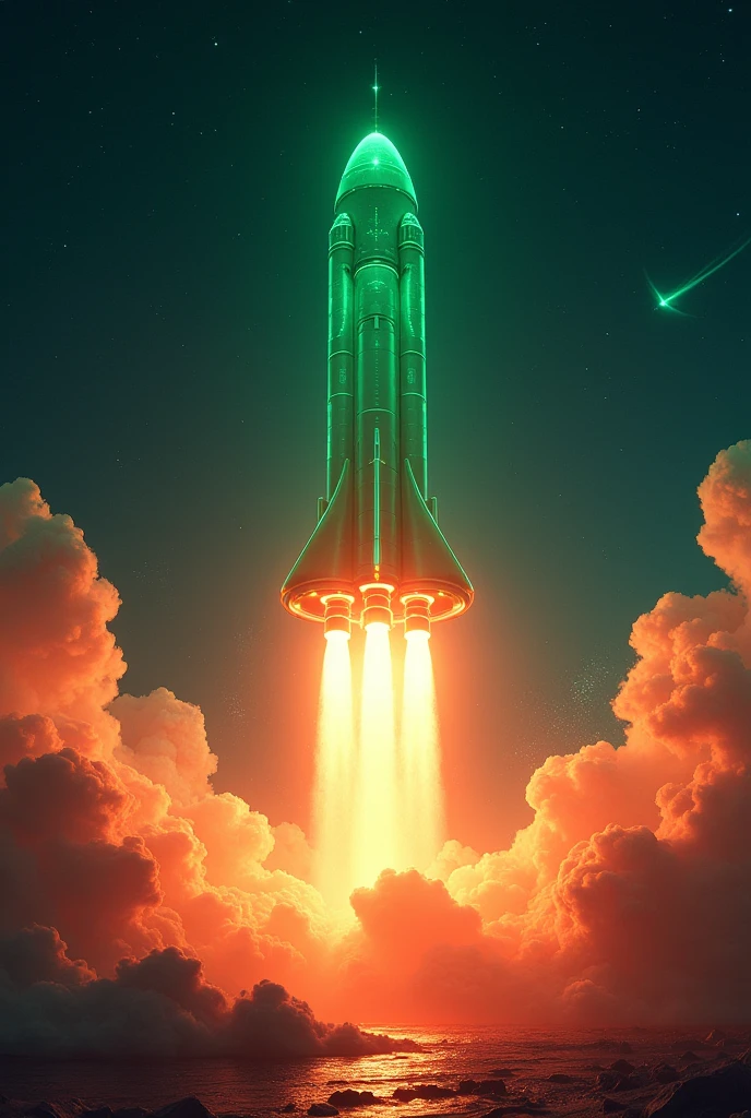 Create a neon green image containing lots of orange and a large rising rocket
