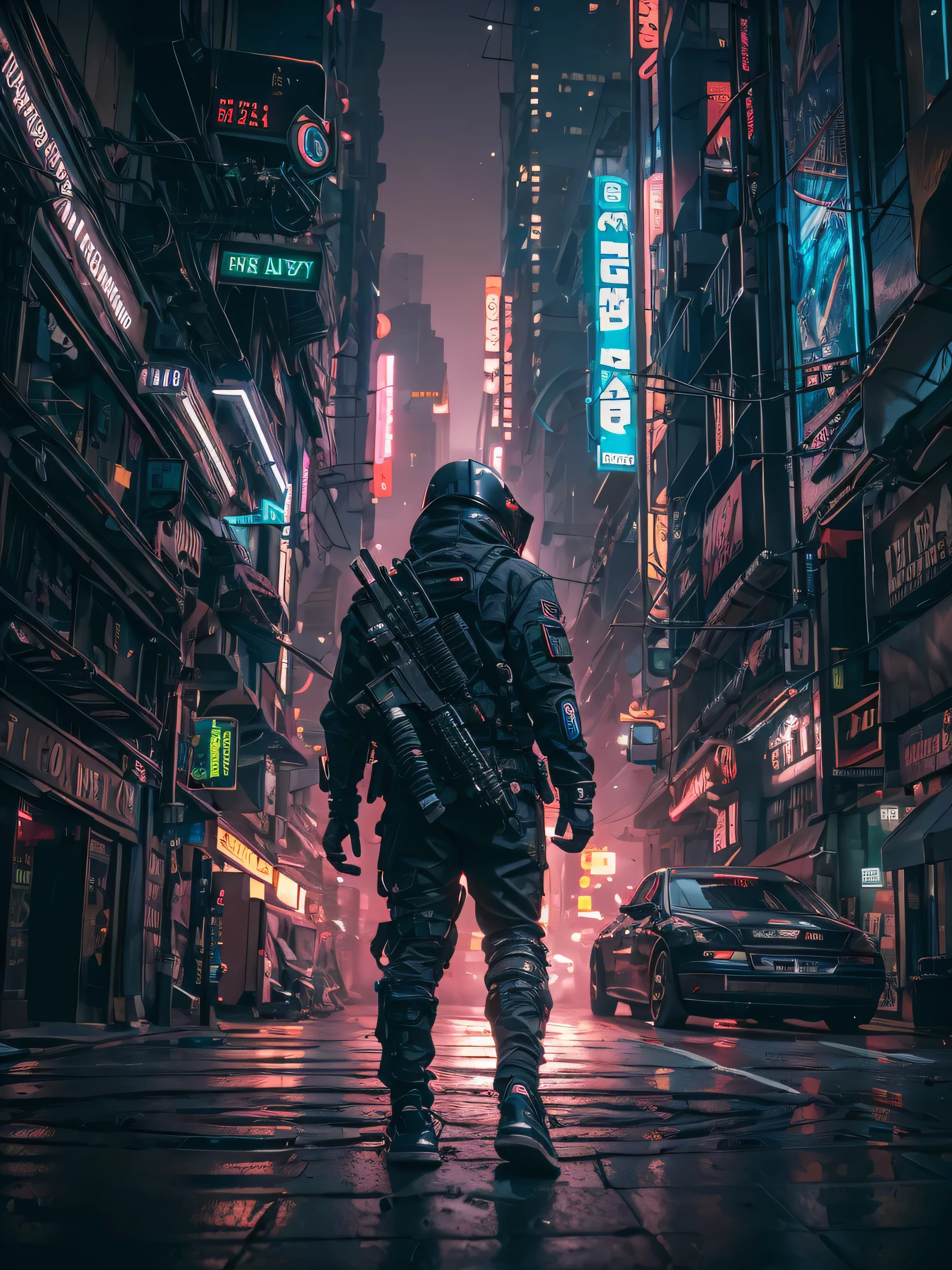 (masterpiece, full body shot, intricate raw photography) Cyberpunk citizen running away, comfortable oversize black hoodie, black cargo pants, black clothes, dark, wearing a black helmet hitech style Astronaut, intricate, futuristic, advanced technology, dark environment, dramatic, light and shadow, cinematic, action movie, sharpness, random relaxed position, Cyberpunk City, street lights, dark street, night, Insta photo, photo of the year, octane render, substance, Maya 3D, cinema4D, ArtStation Trending, Devian Art Trend,