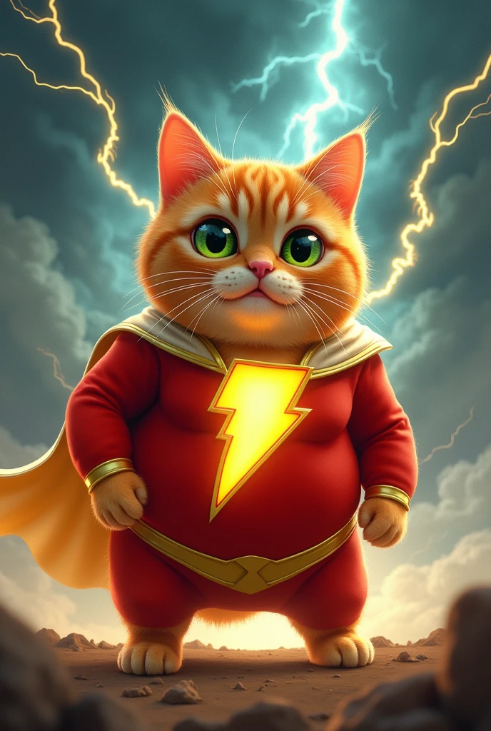 Shazamcat" - A cute, chubby orange tabby with bright green eyes, wearing a red suit with a lightning bolt emblem like Shazam. The cat is mid-transformation, with lightning bolts crackling around it, standing in front of a stormy sky.