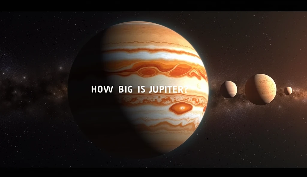 Create a horizontal 16:9 size YouTube video thumbnail on Jupiter: The largest planet in our solar system. The image should be picture of Jupiter surrounded by small planets and the text should be How big is Jupiter in bold text