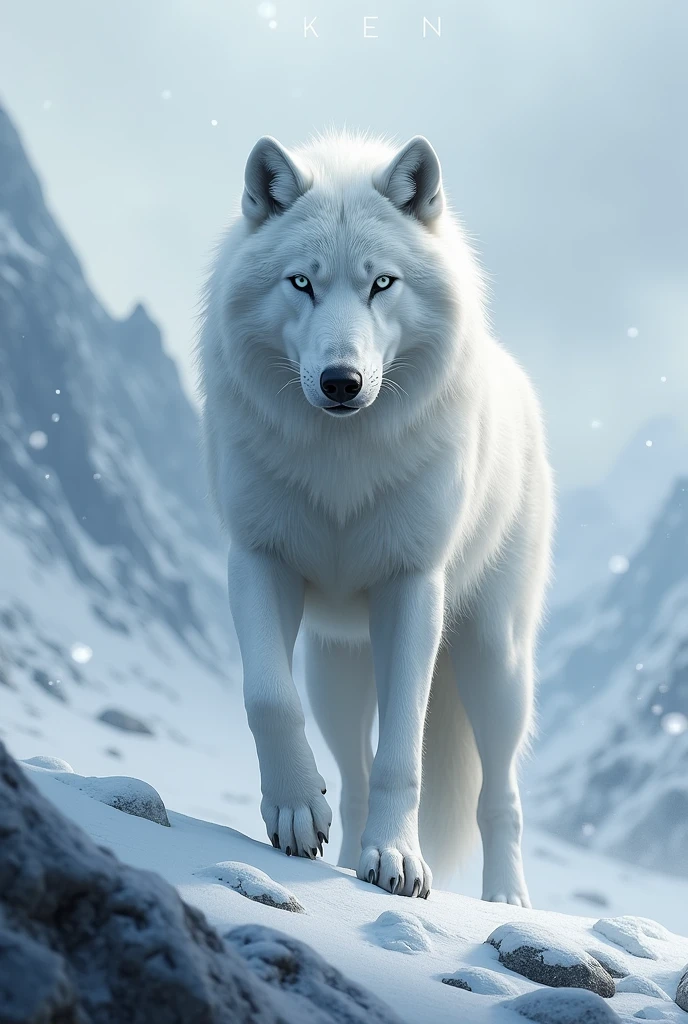 I want to create a picture with the name 'ken' written on it, a white wolf like a hero, and a background depicting a cold winter day.
