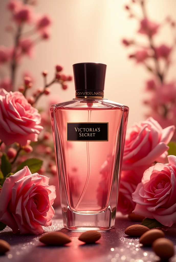 Create an advertising image for the Victoria&#39;s Secret Romantic body splash where the bottle is the main factor and roses are placed in the background, flowers and almonds