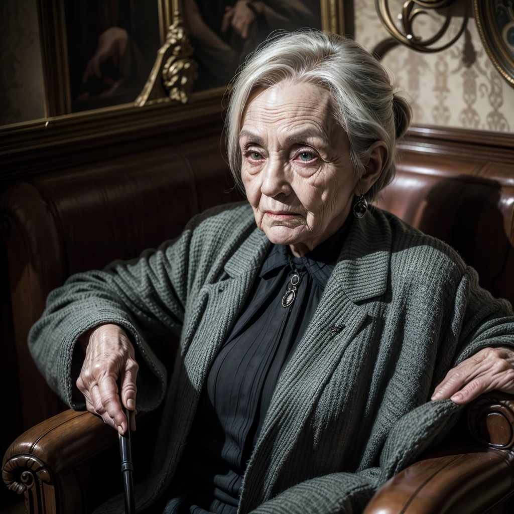 A Scary Old Lady, sitting in the armchair, holding cane, shady look, wrinkles, High definition, super defined, dark house, eyeshadows, antique decorations, pobres, chilling