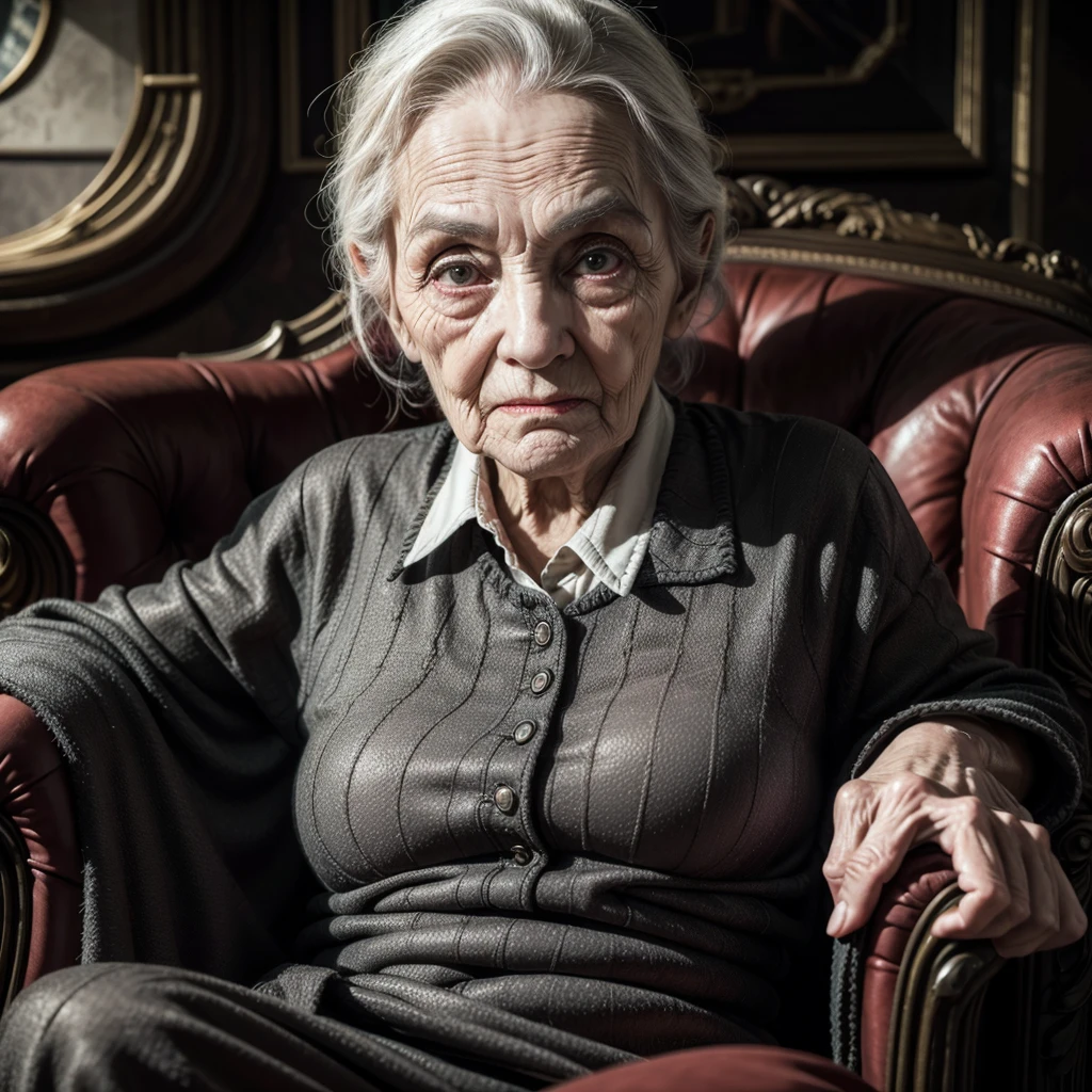 A Scary Old Lady, sitting in the armchair, holding cane, shady look, wrinkles, High definition, super defined, dark house, eyeshadows, antique decorations, pobres, chilling 