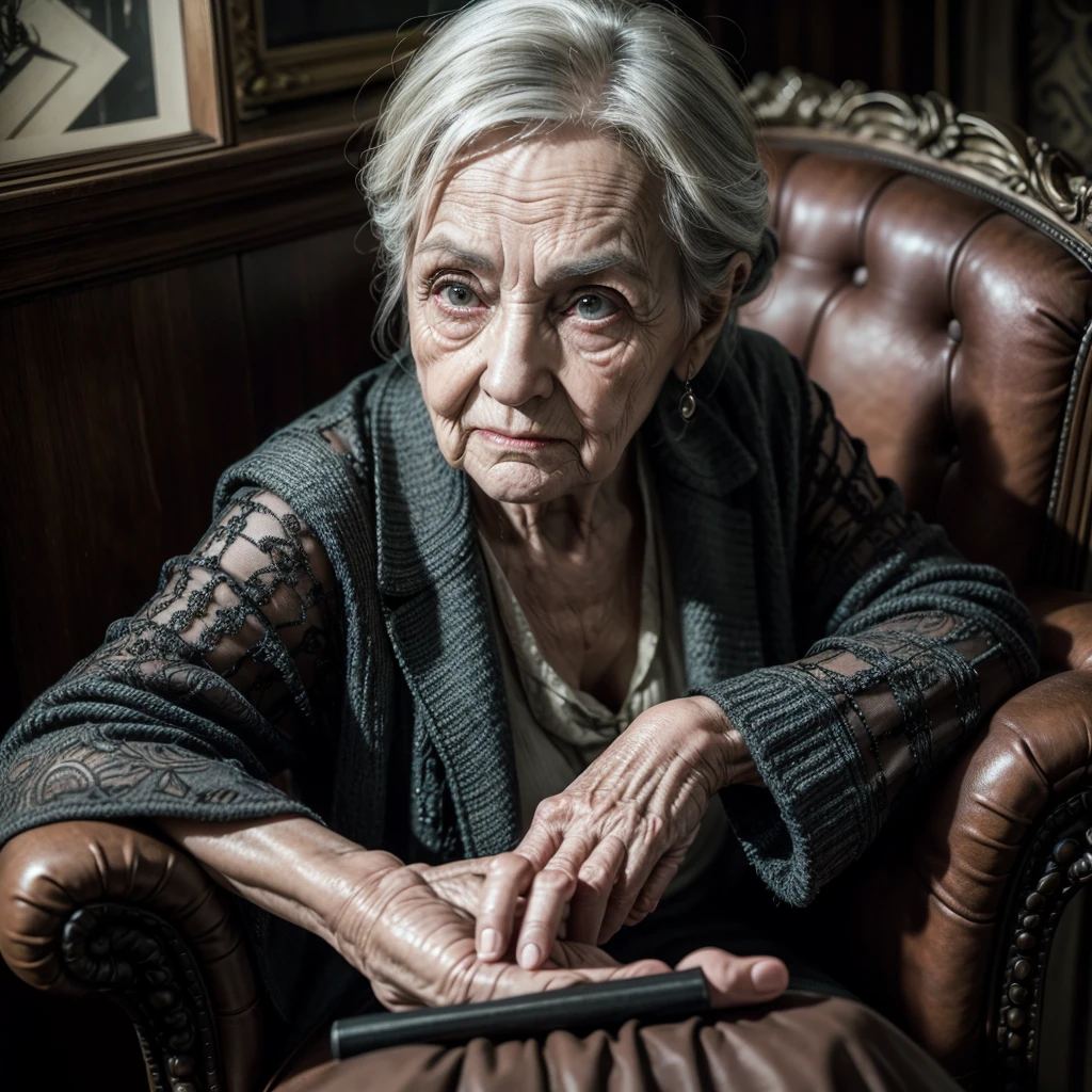 A Scary Old Lady, sitting in the armchair, holding cane, shady look, wrinkles, High definition, super defined, dark house, eyeshadows, antique decorations, pobres, chilling 