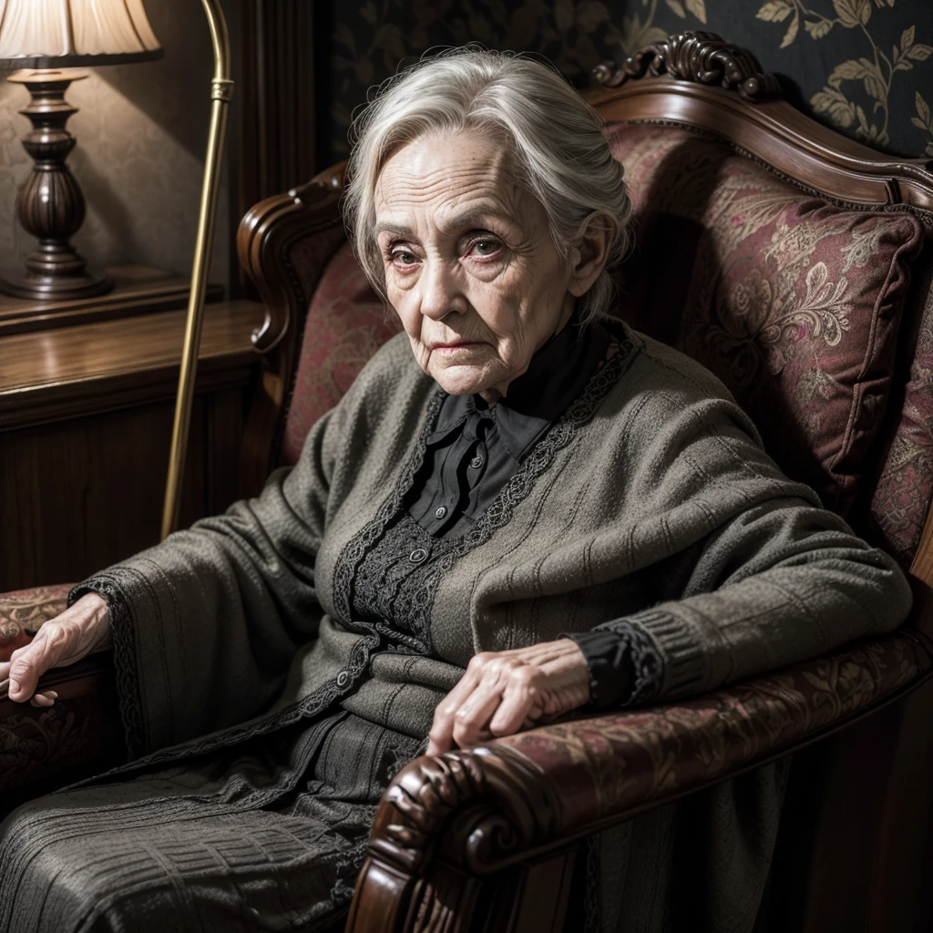 A Scary Old Lady, sitting in the armchair, holding cane, shady look, wrinkles, High definition, super defined, dark house, eyeshadows, antique decorations, pobres, chilling