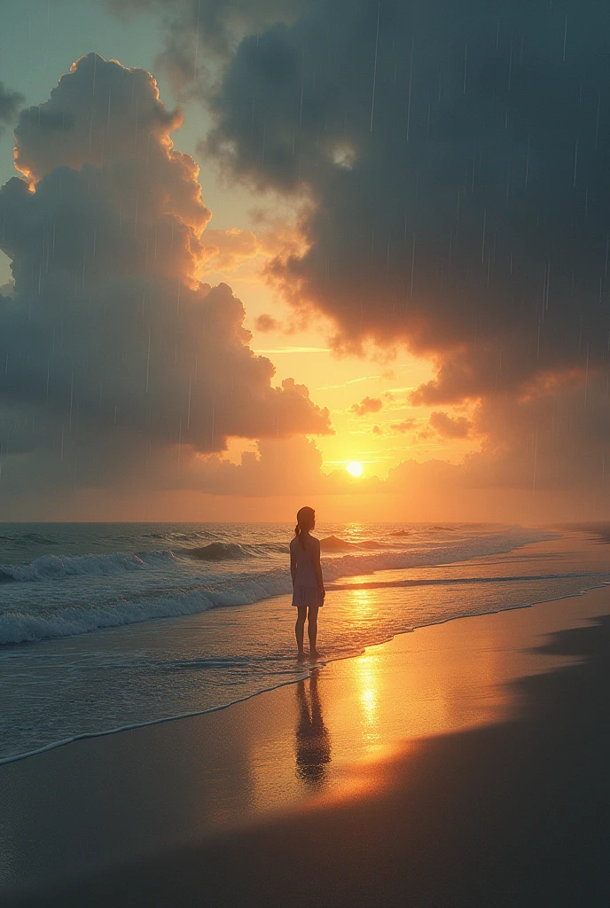 Beach sunset almost night and rain