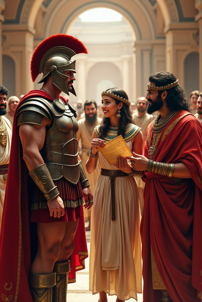 a gladiator with a steel breastplate, another person in Egyptian clothing, a pharaoh, happy with his hand in front, holding an invitation, one in ancient Hebrew clothing