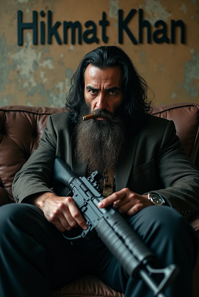 I want to create a photo of villain male with beard and long hair and having cigar and ak47 in his hand sitting on couch and having wings written HIKMAT KHAN at the wall