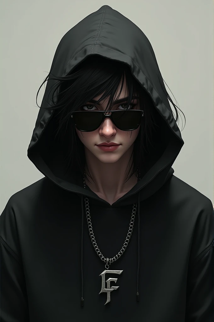 Young man wearing a hood with a black sweatshirt, sunglasses, a dark smile, with long hair and a chain that says L.f