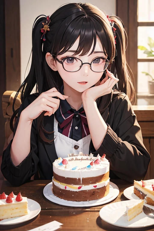 Highest quality、masterpiece、High sensitivity、High resolution、Detailed Description、Slender women、Glasses、Birthday Party、birthday cake、Lively、