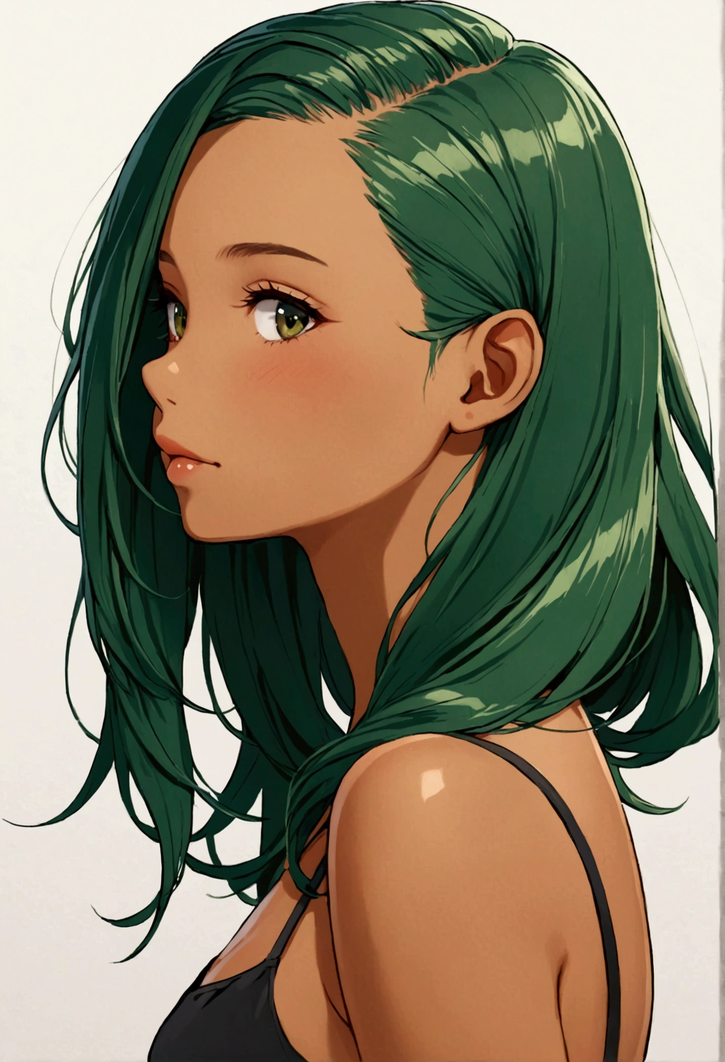 Tan skin Girl side view  
 dark green long hair with sideshave undercut