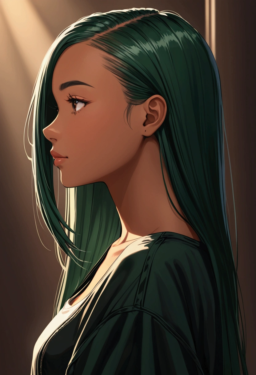 Tan skin Girl side view
dark green long hair with sideshave undercut
