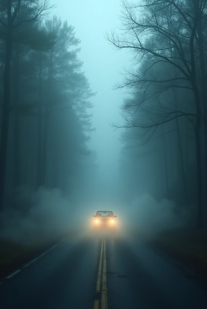 Car disappearing in the fog, on a deserted road facing dense forest