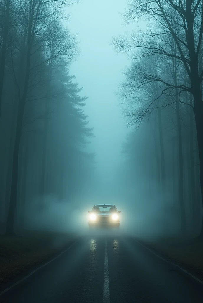 Car disappearing in the fog, on a deserted road facing dense forest