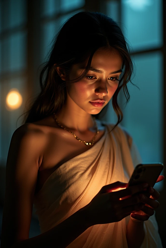 a beautiful young girl wearing a thin saree, sensual expression, looking at a smartphone, 1girl,detailed eyes,detailed lips,detailed face,longeyes,longlashes,slender figure,cinematic lighting,dramatic colors,film grain,intricate details,chiaroscuro,moody atmosphere,photorealistic,ultra-detailed,highly detailed,masterpiece,8k,best quality