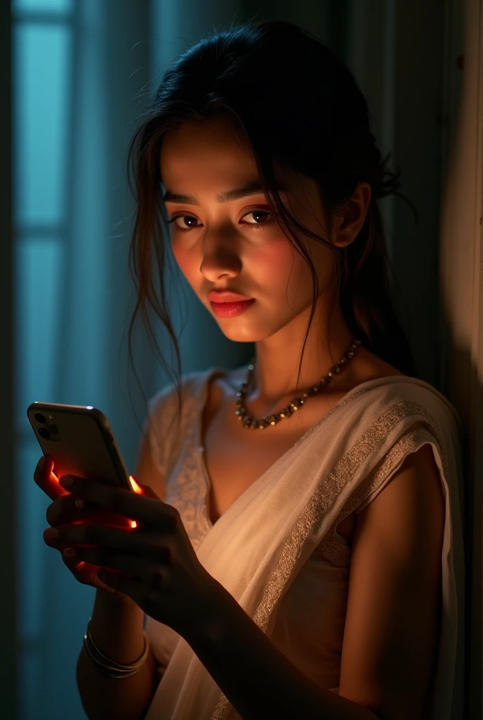 a beautiful young girl wearing a thin saree, sensual expression, looking at a smartphone, 1girl,detailed eyes,detailed lips,detailed face,longeyes,longlashes,slender figure,cinematic lighting,dramatic colors,film grain,intricate details,chiaroscuro,moody atmosphere,photorealistic,ultra-detailed,highly detailed,masterpiece,8k,best quality
