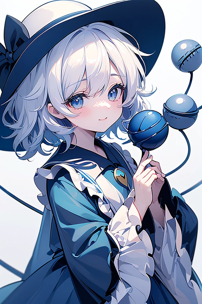 (Highest quality) (4K) (8k) (High resolution) (masterpiece:1.2) (Super detailed) One person ((Koishi Komeiji)) smile cute Upper Body ((White Background)) ((Facing forward)) ((Face close-up)) ((Blue outfit)) ((White Hair)) Black hat