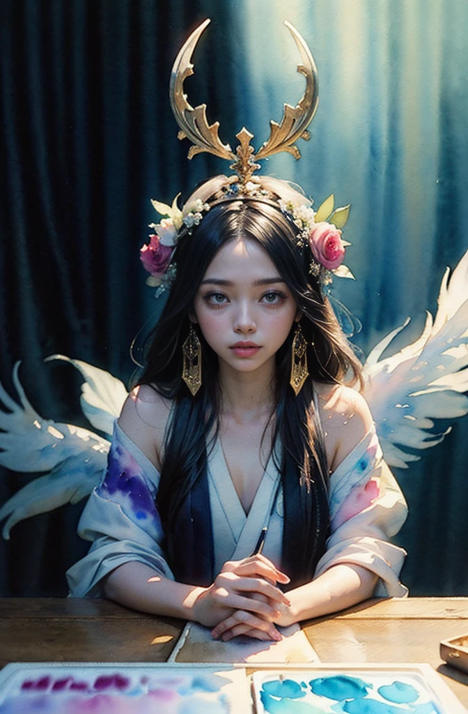 (Tabletop, Highest qualityの, Highest quality, Official Art, (beautifully、aesthetic:1.4), (Watercolor:1.4) ), (Izanami 1.5), 日本のgod話の女god, Majestic beauty, 創造の女god、生命の女god、Typically、((((Typically))))、Reincarnation Support, god&#39;Grace, Gentle and meditative expressions, Flowing, celestial garments, Shine、Created all the landscapes and worlds on Earth, A dazzling dance of light, Whispers of Ancient Legends,
