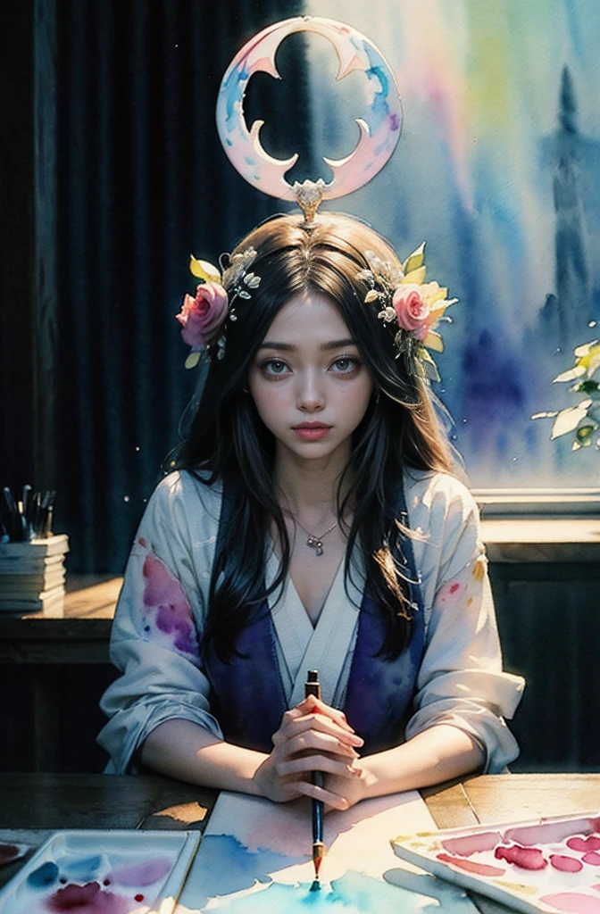 (Tabletop, Highest qualityの, Highest quality, Official Art, (beautifully、aesthetic:1.4), (Watercolor:1.4) ), (Izanami 1.5), 日本のgod話の女god, Majestic beauty, 創造の女god、生命の女god、Typically、((((Typically))))、Reincarnation Support, god'Grace, Gentle and meditative expressions, Flowing, celestial garments, Shine、Created all the landscapes and worlds on Earth, A dazzling dance of light, Whispers of Ancient Legends,