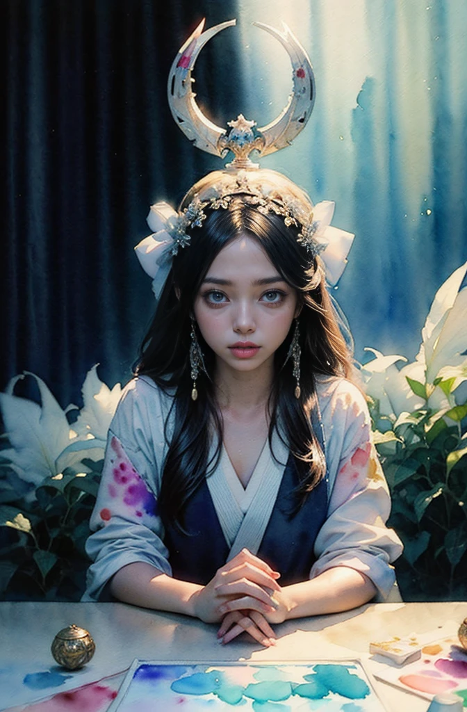 (Tabletop, Highest qualityの, Highest quality, Official Art, (beautifully、aesthetic:1.4), (Watercolor:1.4) ), (Izanami 1.5), 日本のgod話の女god, Majestic beauty, 創造の女god、生命の女god、Typically、((((Typically))))、Reincarnation Support, god'Grace, Gentle and meditative expressions, Flowing, celestial garments, Shine、Created all the landscapes and worlds on Earth, A dazzling dance of light, Whispers of Ancient Legends,