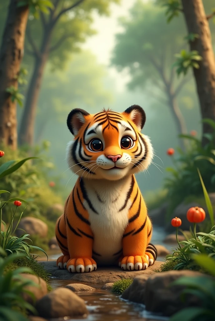 Create a cute chubby round tiger with realistic backround