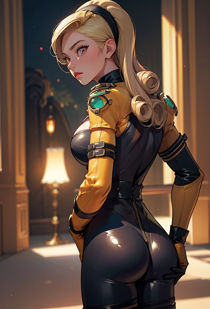 perfect eyes:1.2, detailed eyes:1.4, lienneville, from behind, ass, looking back, mansion, blonde hair, hairband, red eyes, bodysuit, large breasts, cleavage, gloves, medium full shot, thigh-level shot, 1girl, solo, (masterpiece:1.6, best quality),