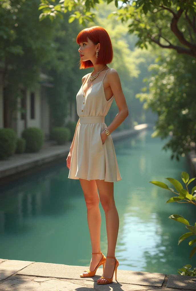 femme mature 40 ans, coupe au carré avec frange très très très courte droite sur le front, cheveux raides, rousse, attendant le long du canal ombragé, courte robe d'été , réaliste ,talons aiguilles, bijoux, décontractée