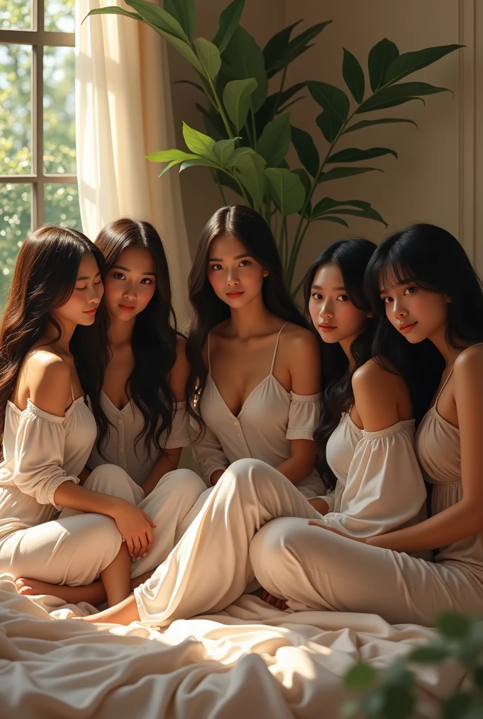 (photorealism:1.2), 5 beautiful indonesian women, sitting on bed, wearing loose off-shoulder top, pajama pants, long hair, indoors, soft lighting, plants in background, window with sunlight, cozy room, relaxed pose, realistic, intricate details, warm colors, by Greg Rutkowski, by Alphonse Mucha