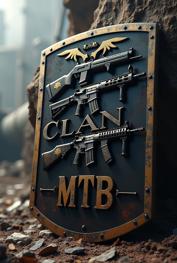 Create a shield with firearms that bear the words CLAN MTB